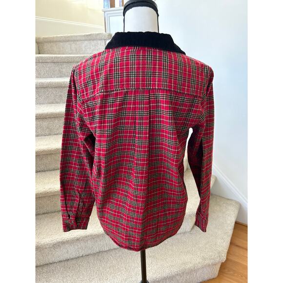 Vntg Holiday Tartan Red Plaid Flannel Long Sleeve Button Down Velvet Collar - Picture 2 of 8